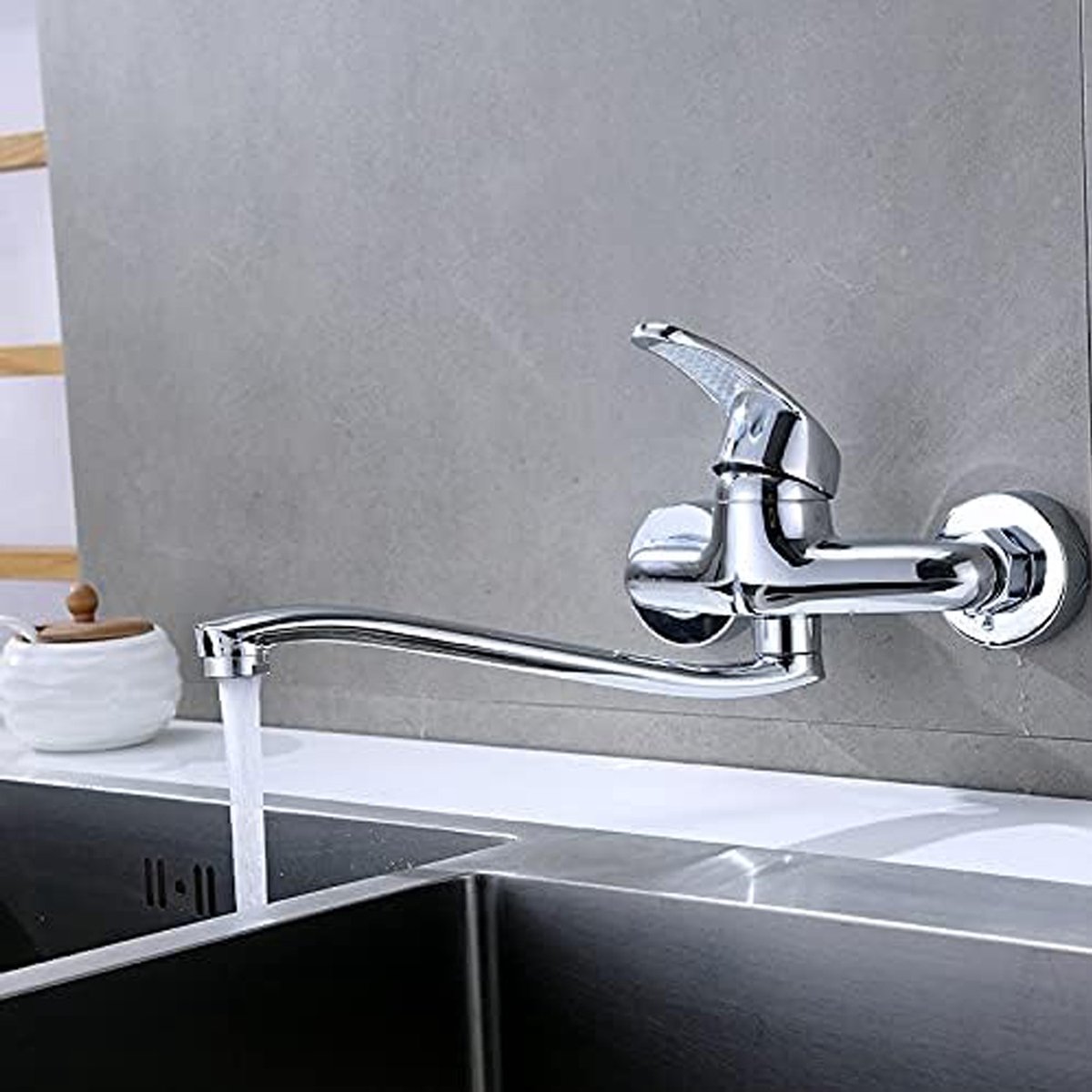 REDOM - Keukenkraan 25x18x10 cm – Wandmontage Mengkraan met Draaibare Uitloop – Praktische Kraan voor Keuken en Badkamer – Zinklegering – Zilver