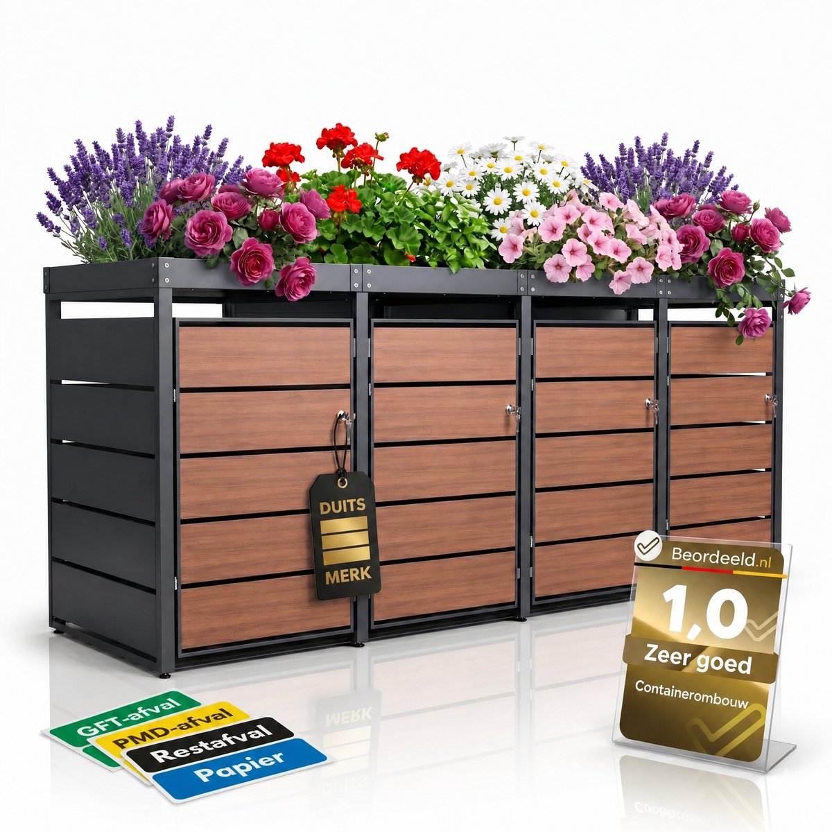 Afvalcontainerbox voor 4 containers, houtlook, met plantenbak, 120 l tot 240 l, voor vier containers, metaal, antraciet RAL 7016, afsluitbaar, weerbestendig, ISO 9227, inclusief set stickers