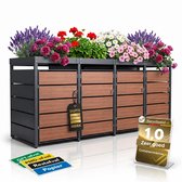 Afvalcontainerbox voor 4 containers, houtlook, met plantenbak, 120 l tot 240 l, voor vier containers, metaal, antraciet RAL 7016, afsluitbaar, weerbestendig, ISO 9227, inclusief set stickers