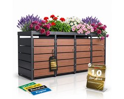 Afvalcontainerbox voor 4 containers, houtlook, met plantenbak, 120 l tot 240 l, voor vier containers, metaal, antraciet RAL 7016, afsluitbaar, weerbestendig, ISO 9227, inclusief set stickers