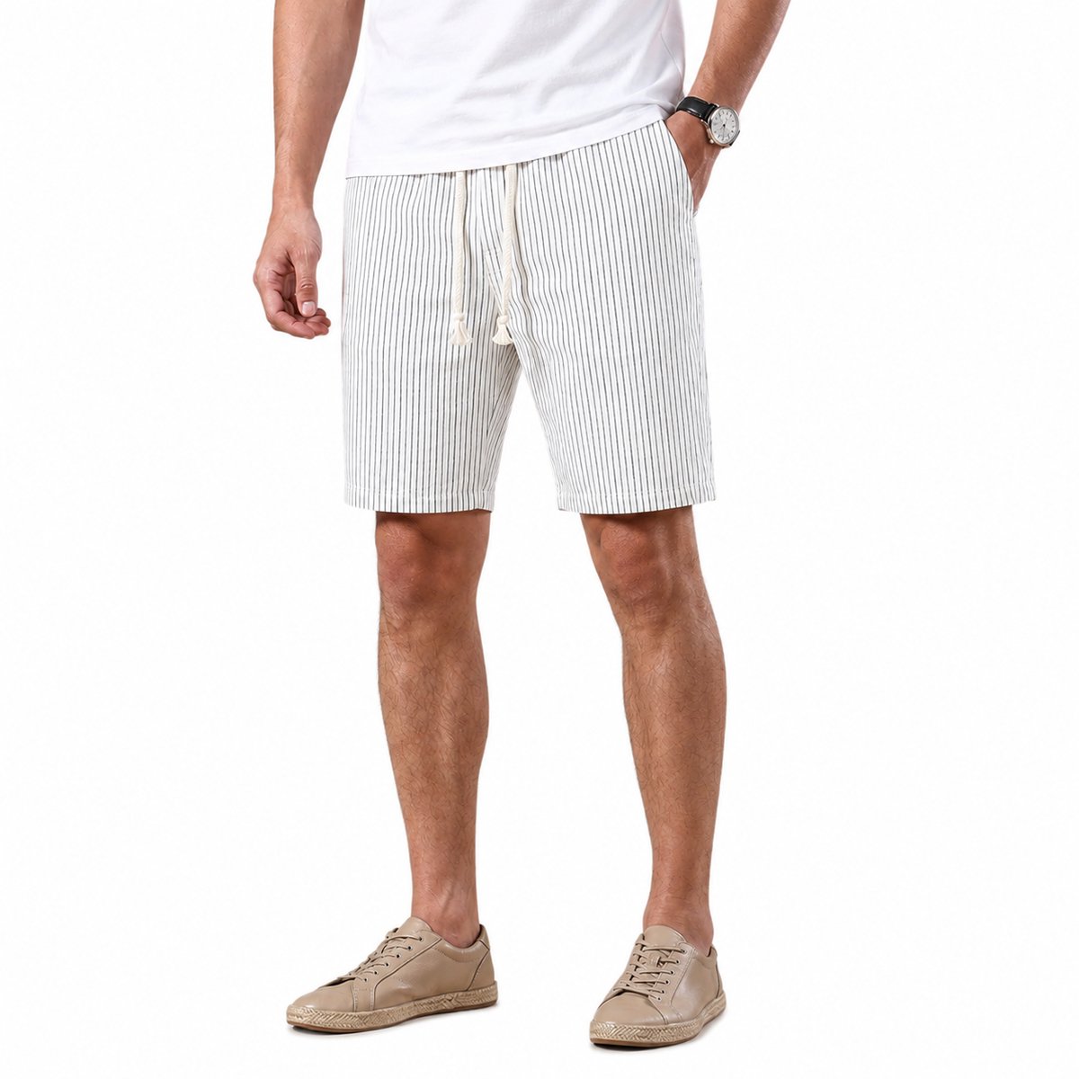 Korte Linnen Broek - Heren - Wit - Gestreept