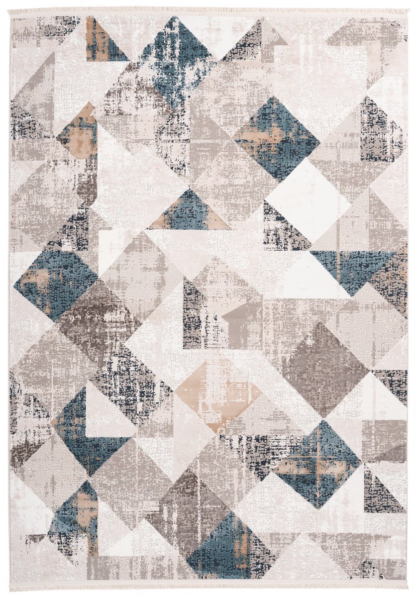 Padiro laagpolig vloerkleed 80 x 150 cm - grijs / blauw - vintage - met franjes - geschikt voor vloerverwarming - van polyester