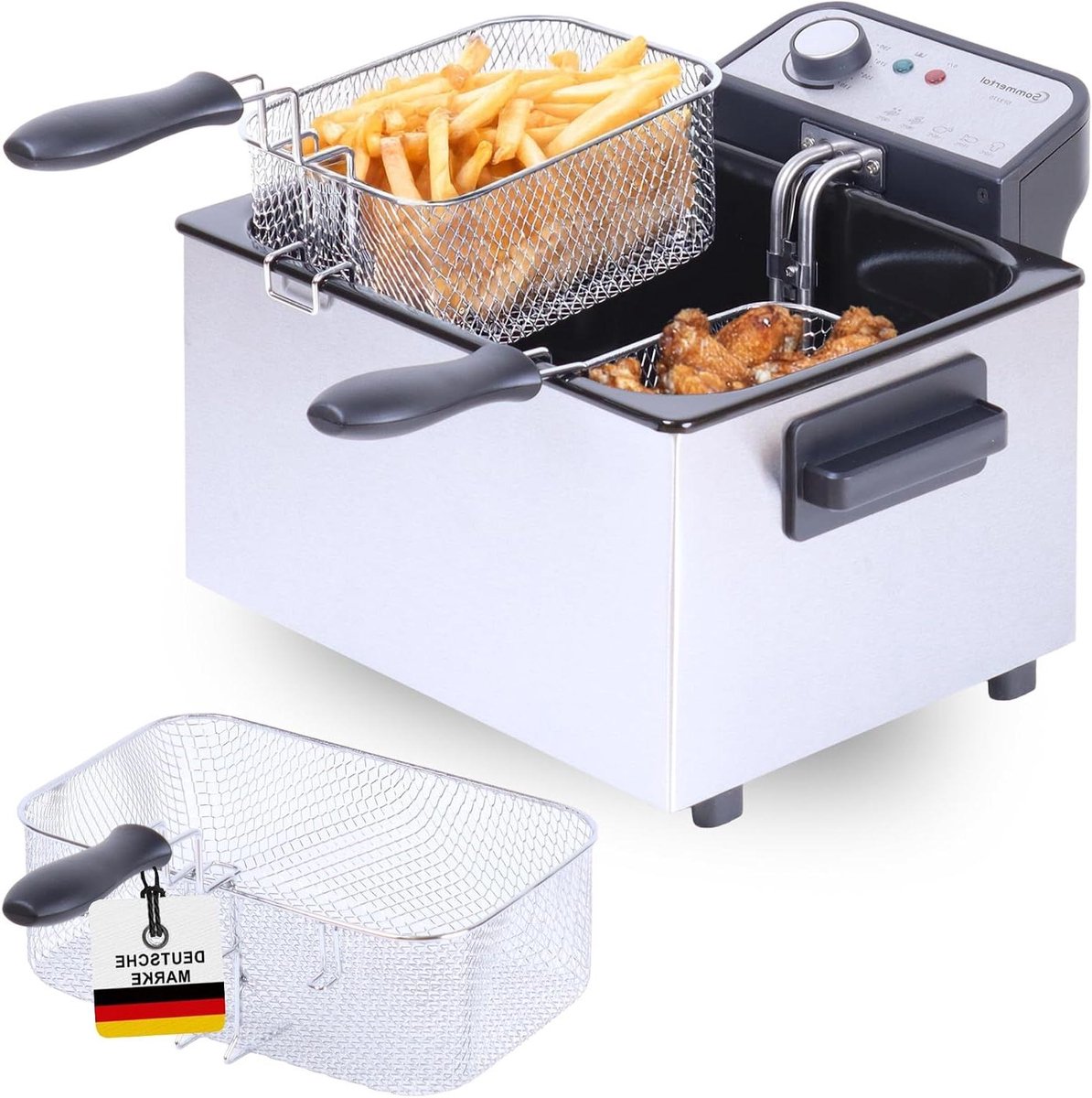 Dubbele Frituurpan - Friteuse met manden - Luxe snacks bereiden - XXL formaat 5 liter - 3 manden - Zilver