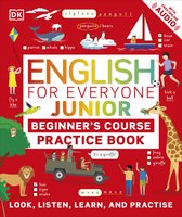 Livre avec des illustrations d'une baleine, de pingouins, d'un voilier, d'une girafe, d'un lion et d'enfants jouant. Le titre est 'ENGLISH FOR EVERYONE JUNIOR BEGINNER'S COURSE PRACTICE BOOK'.