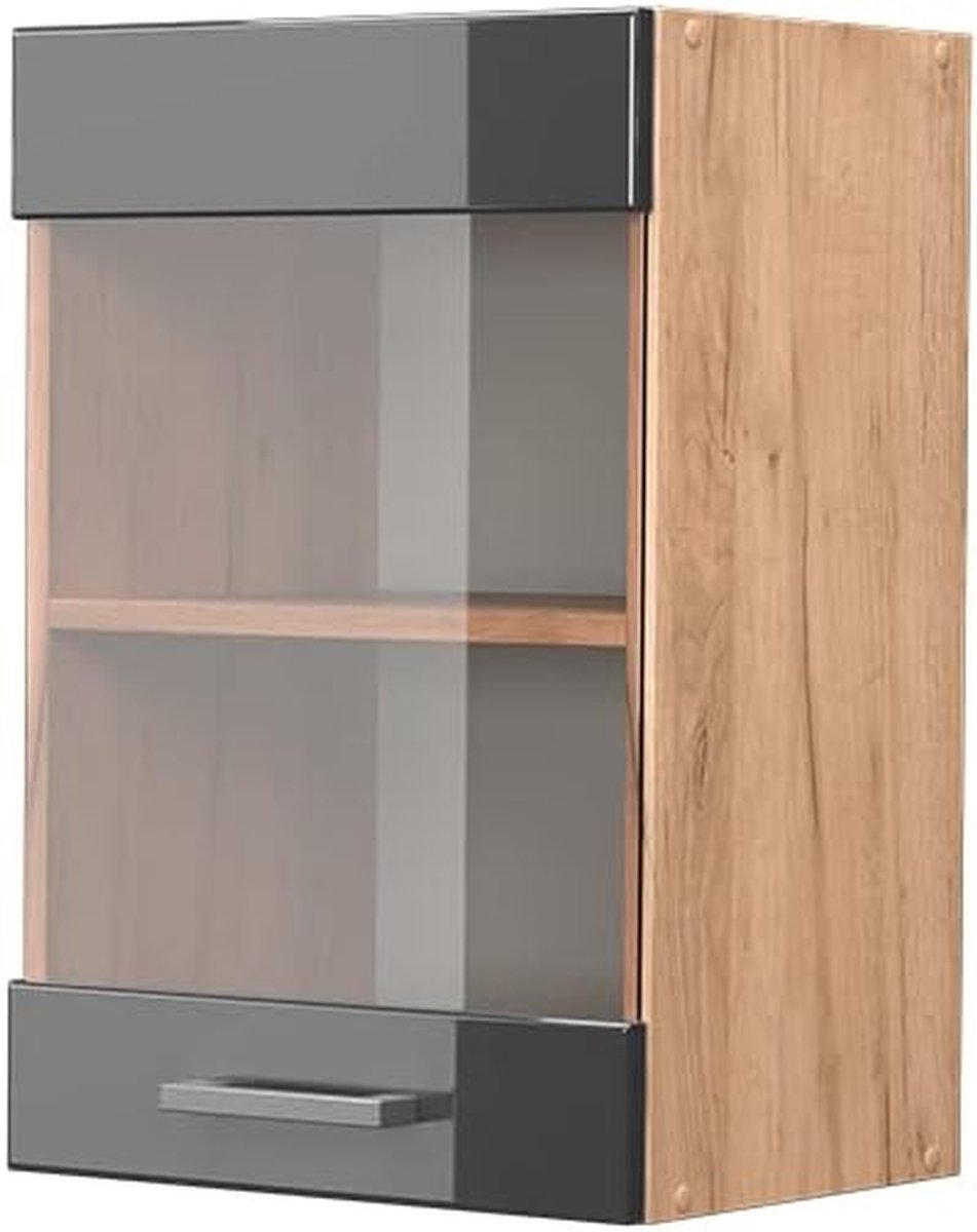 Hangende keukenkast - Servieskast vitrine - Keuken opbergen - Hoogglans design - 40 cm breed - Antraciet goud