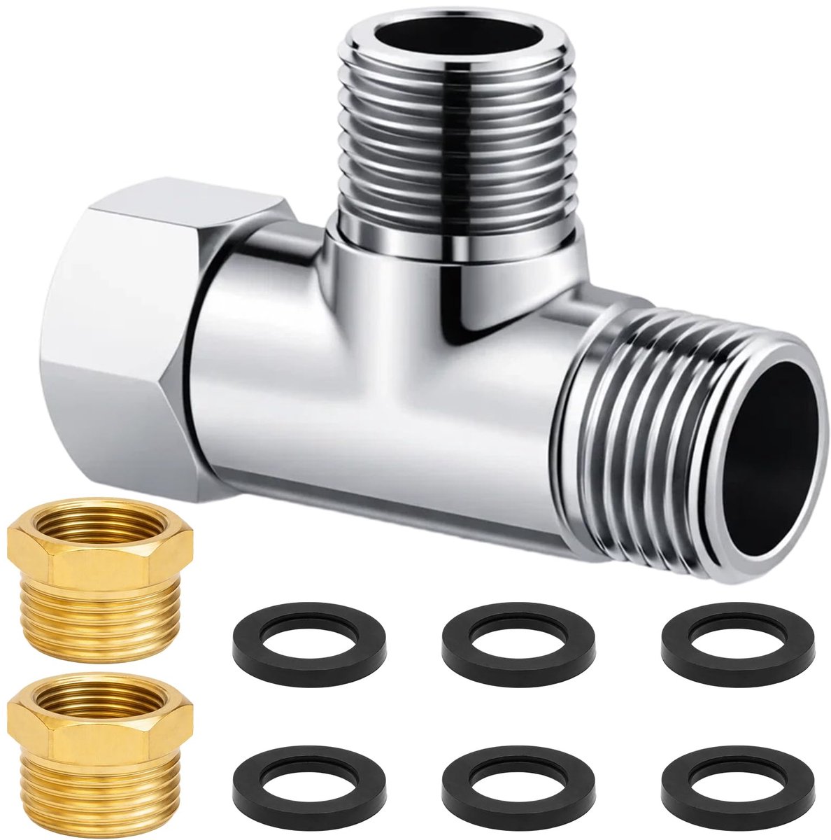 set messing – 1/2 inch T-verdeler + 2 × verloopstuk 1/2 inch → 3/8 inch + 6 × afdichting, hoekventiel 1/2 inch voor wc-aansluiting, wasmachine en wateraansluiting, anti-roest messing