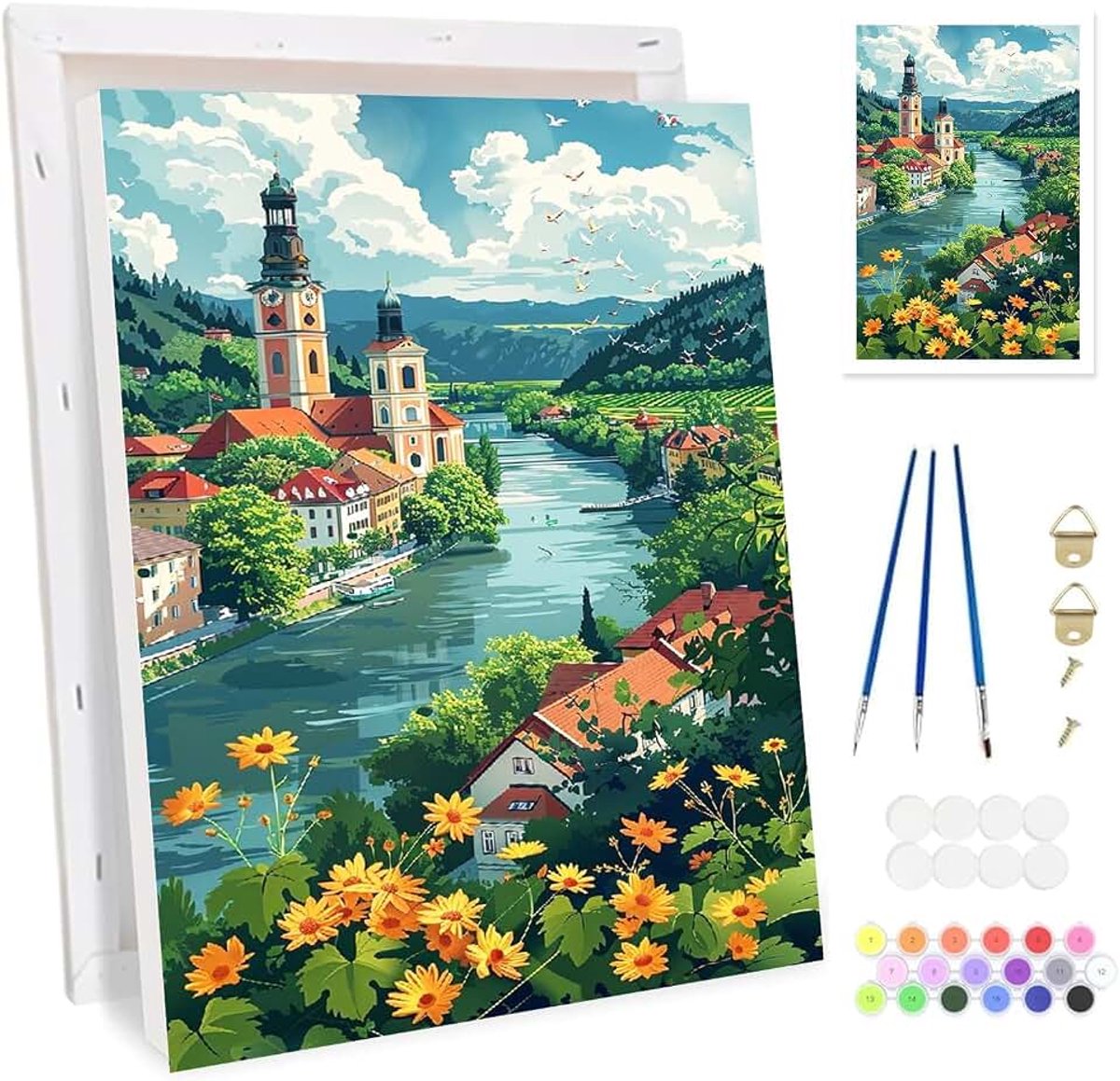 Dorphut om te schilderen op nummer voor volwassenen, canvasset voor beginners, schilderset met acrylpigmenten, voor decoratie van het huis, 20 x 30 cm