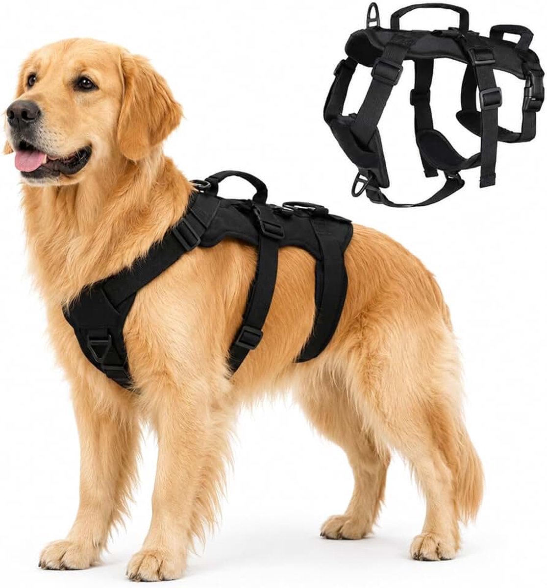 Hondenharnas, anti-trek borstharnas, ontsnappingsveilig, verstelbaar hondenharnas met 2 handgrepen, voor kleine en middelgrote honden, voor wandelingen, jacht, trektochten, zwart