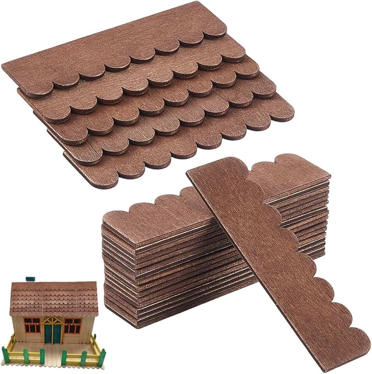 32-delige set houten dakspanen voor poppenhuizen, 29 x 108 x 2,5 mm, kokosbruin, houten miniatuurdakpannen, schaal 1:12, stroken dakspanen, dakspanens voor poppenhuizen, DIY