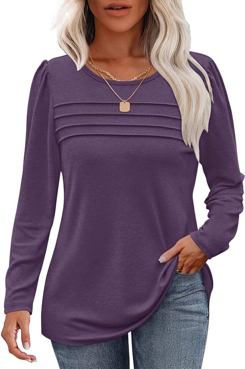 Dames shirt met lange mouwen ronde hals casual losse trui dames trendy plooien pofmouwen sweatshirt herfst winter puli bovenstuk blouse tuniek tops