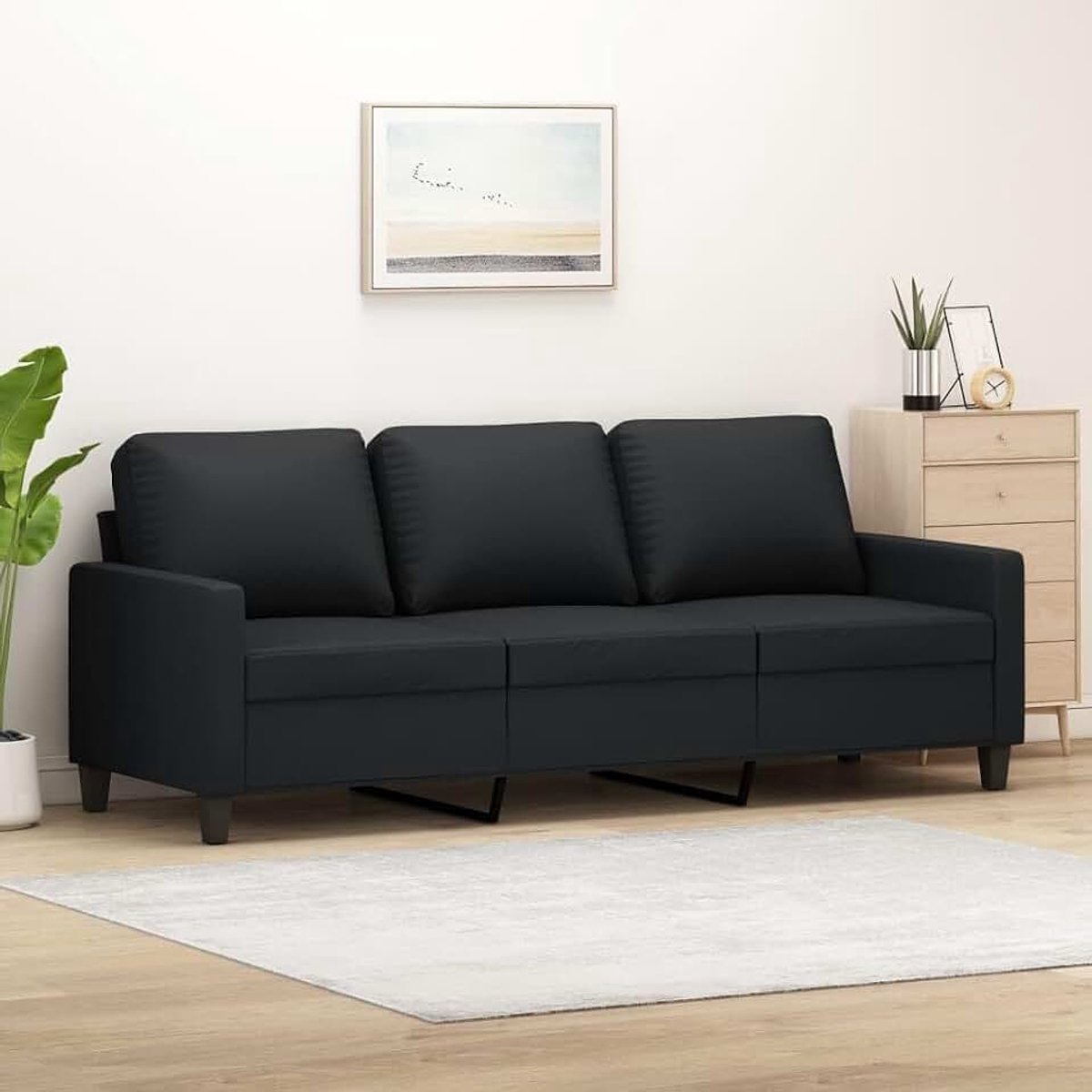 3-zitsbank, zwart, woonkamerbank, kantoorbanken voor kantoor, 180 cm, kunstleer