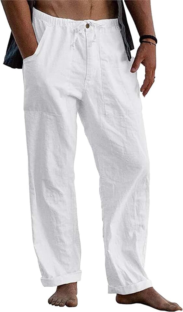 Linnen broek heren zomer herfst losse casual linnen broek met zakken elastische tailleband