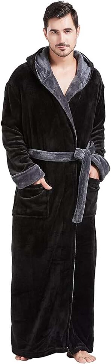 Pluche badjas met capuchon voor heren met zwarte rand, volledige lengte, pluche lange badjas voor mannen, grote en lange warme fleece badjassen, huisgewaden