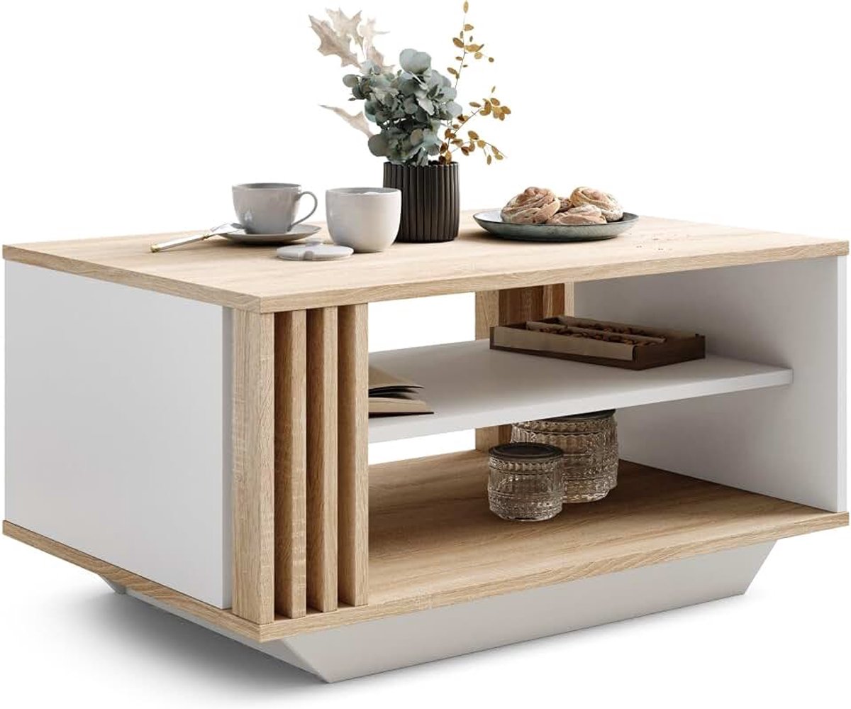 Salontafel en Koffietafel met Moderne Lamellen en Opbergruimte, Rechthoekige en Stijlvolle Tafel voor de Woonkamer – Sonoma Eik & Wit