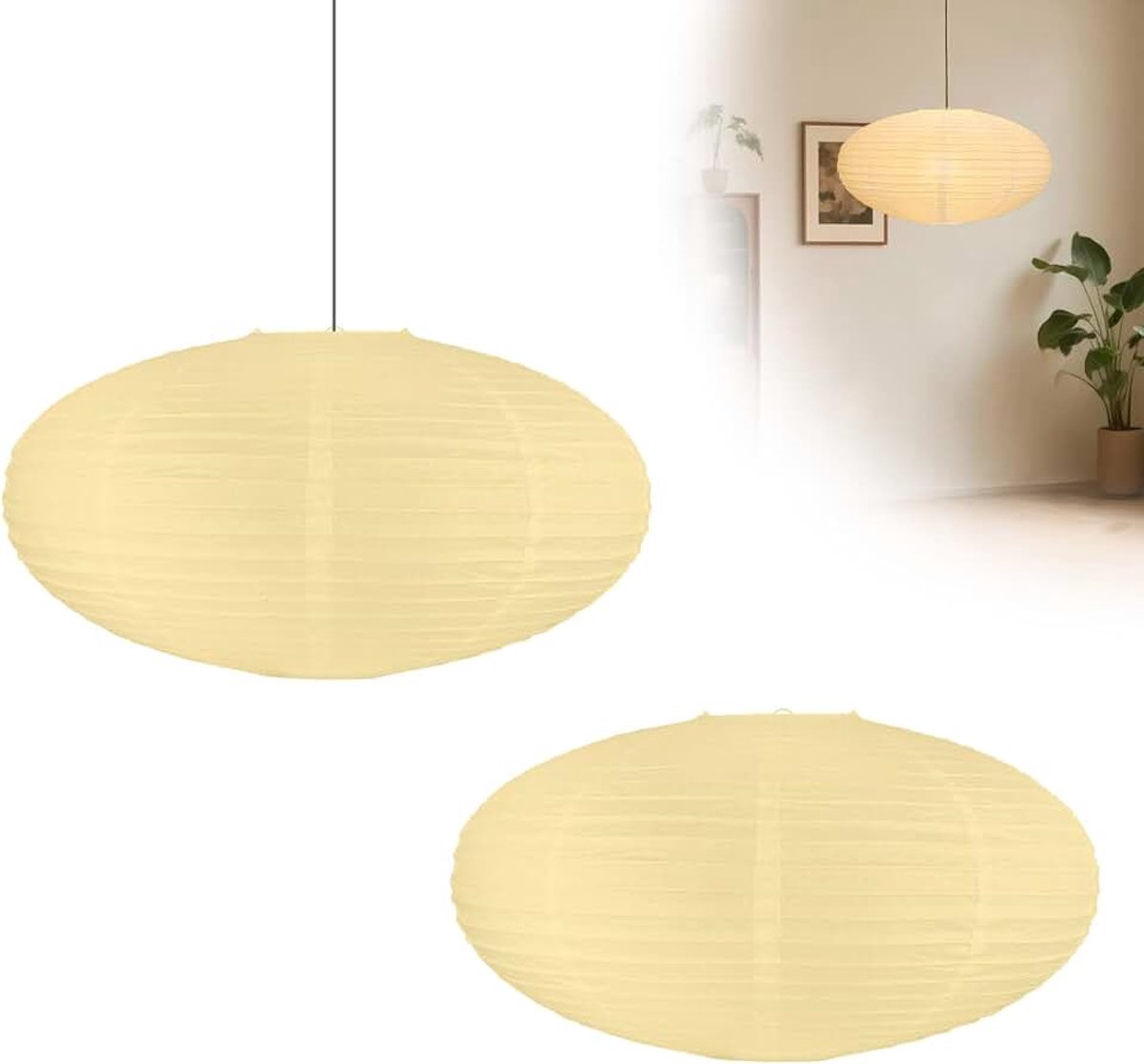 Lampenkap papier, witte ovale Chinese lampenkap, opvouwbare papieren lamp, zacht licht en warme sfeer, lampenkap hanglamp voor slaapkamer, eetkamer en woonkamer (lichtgeel, 2 stuks)