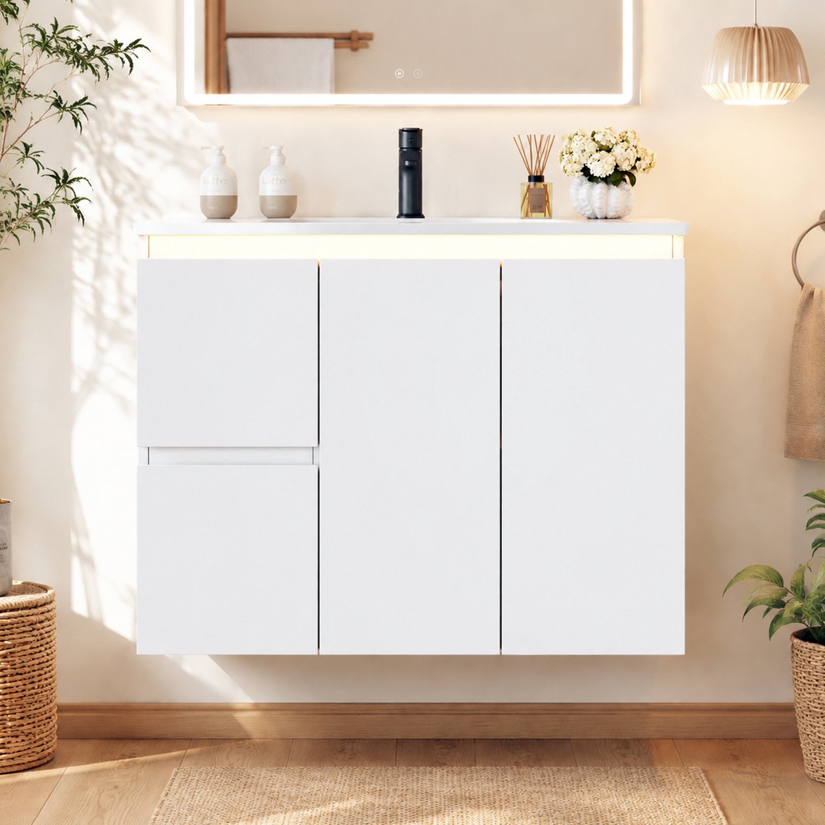 VVBV Badmeubelset 76x47x57 cm - Keramische Wastafel, Soft-Close, Opbergruimte, LED-Verlichting - Wit, Keramiek & MDF