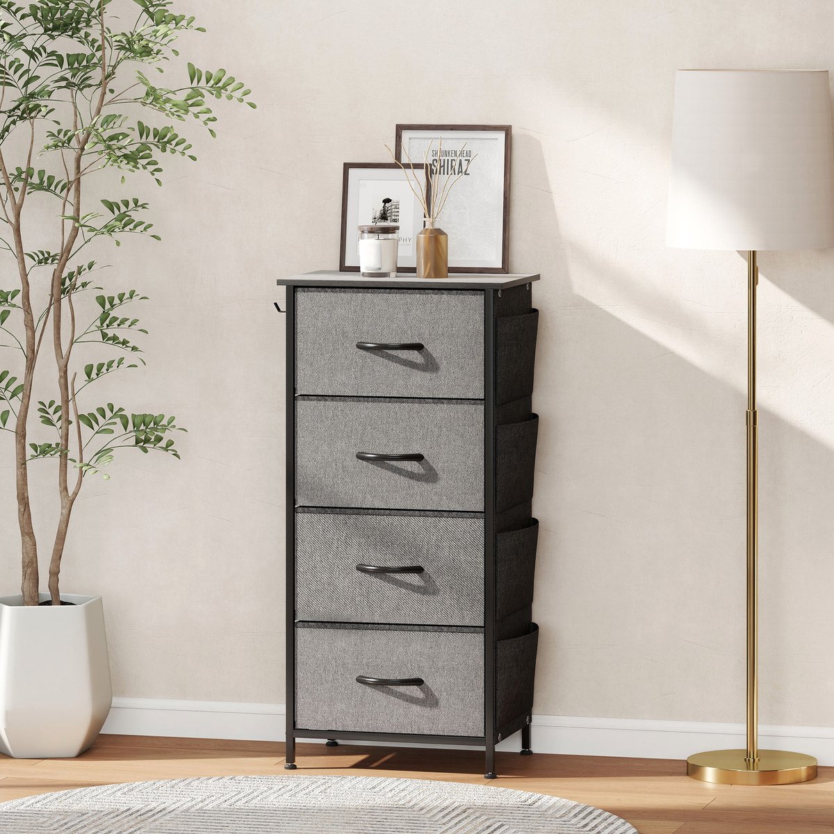 Social® Ladekast met 4 Stoffen Lades - Opbergkast met 4 vakken- 2 haken - stalen frame - 45 x 30 x 94,5 cm- grijs