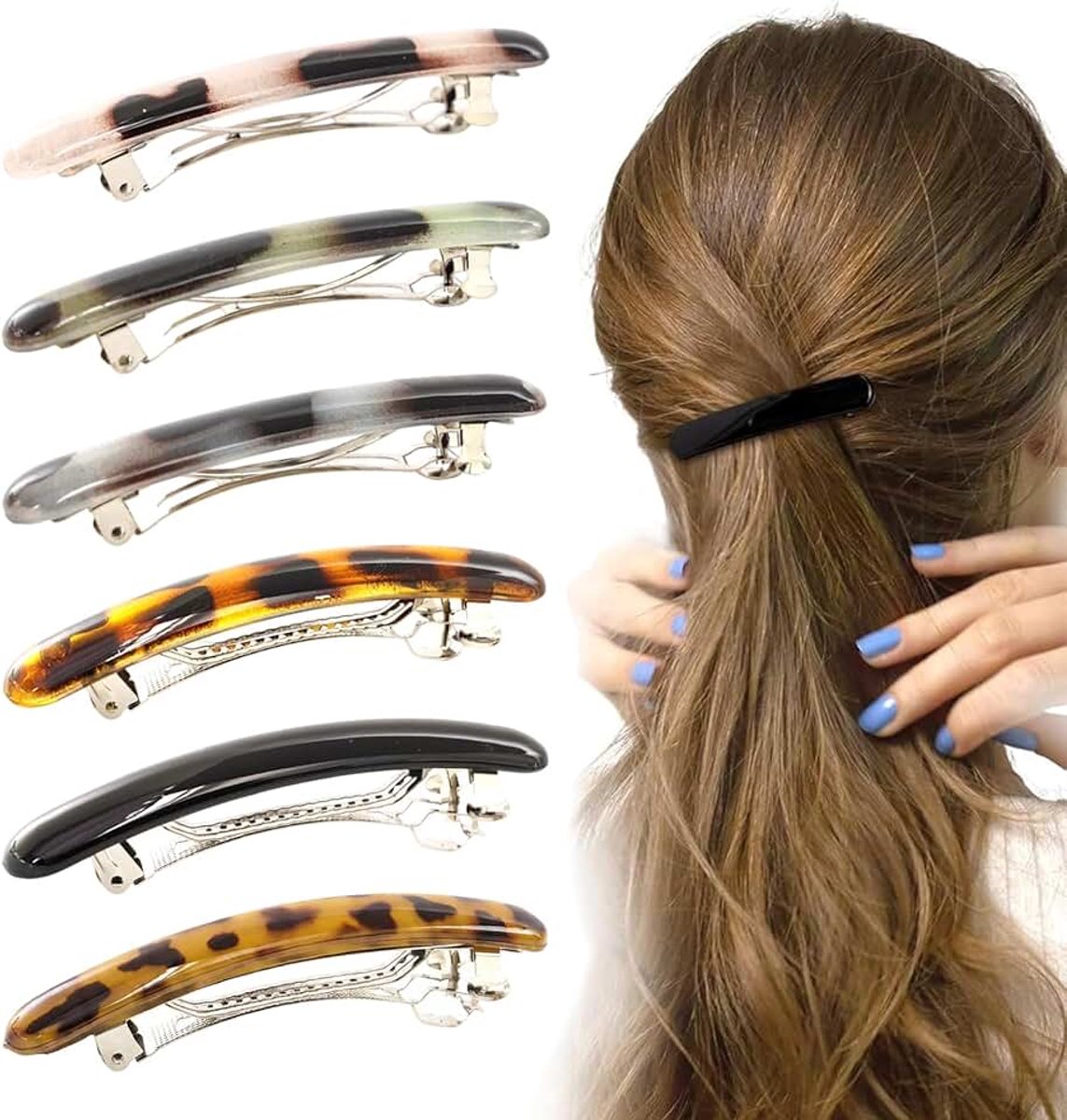 6 stuks haarspelden 6 cm elegante haarspelden voor dames, meisjes en vrouwen (zes kleuren): Zwart, Schildpad, Luipaard, Grijs, Groen en Blauw