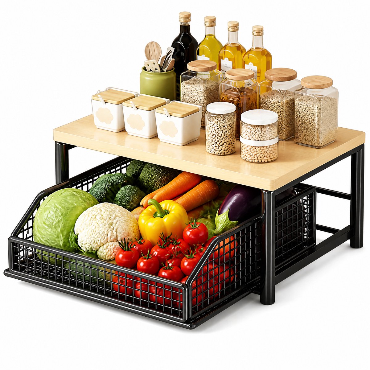 Verrijdbaar magnetronrek met lade - ijzeren frame en houten blad - keukenrek voor aanrecht, groente- en fruitmanden, potten en kruiden - zwart