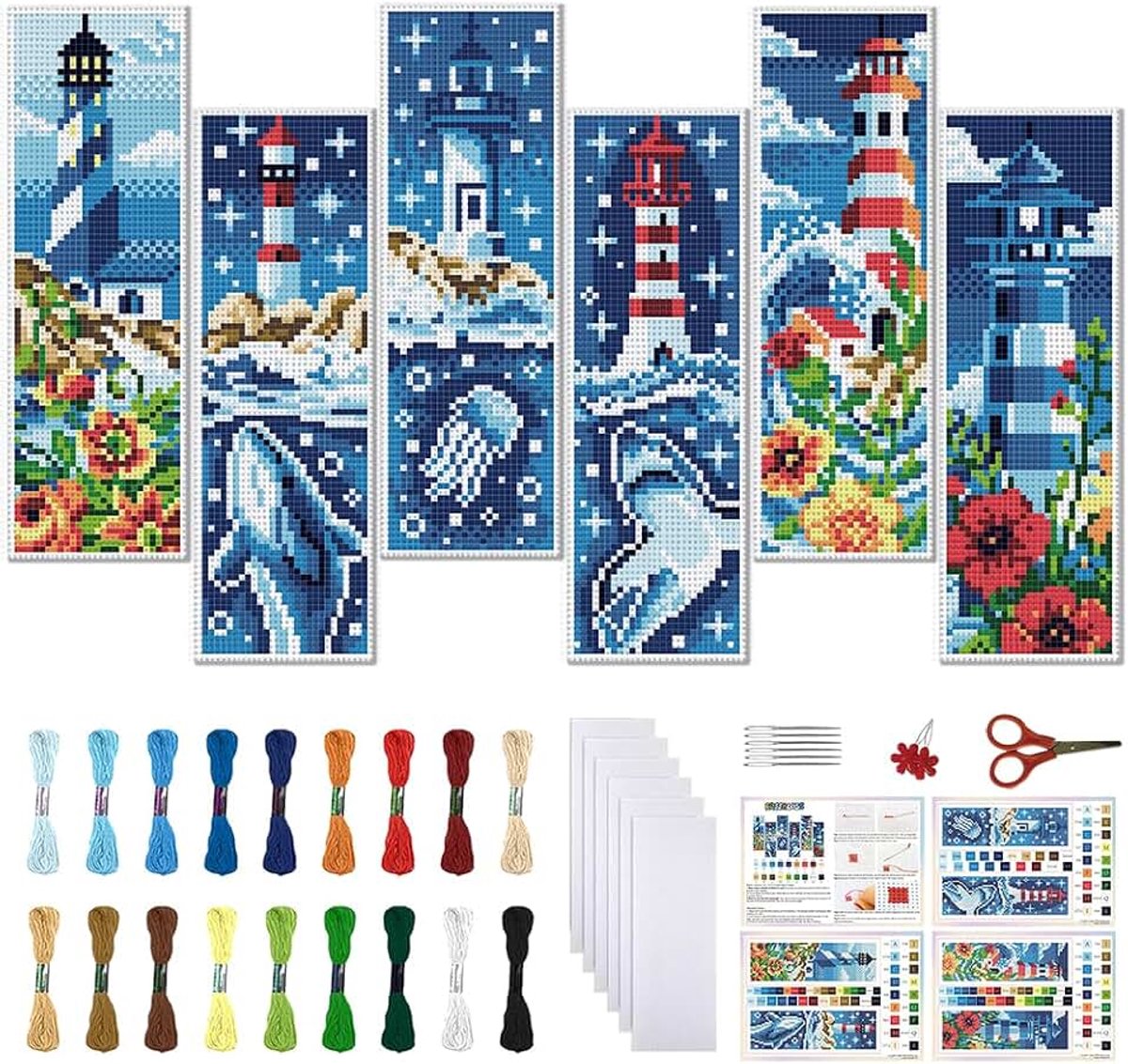 6-delige set 11CT kruissteek bladwijzenset, voor volwassenen en beginners, vuurtorenpatroon, voorgedrukte kruissteekset, bladwijzerset met handleiding (mogelijk niet beschikbaar in het