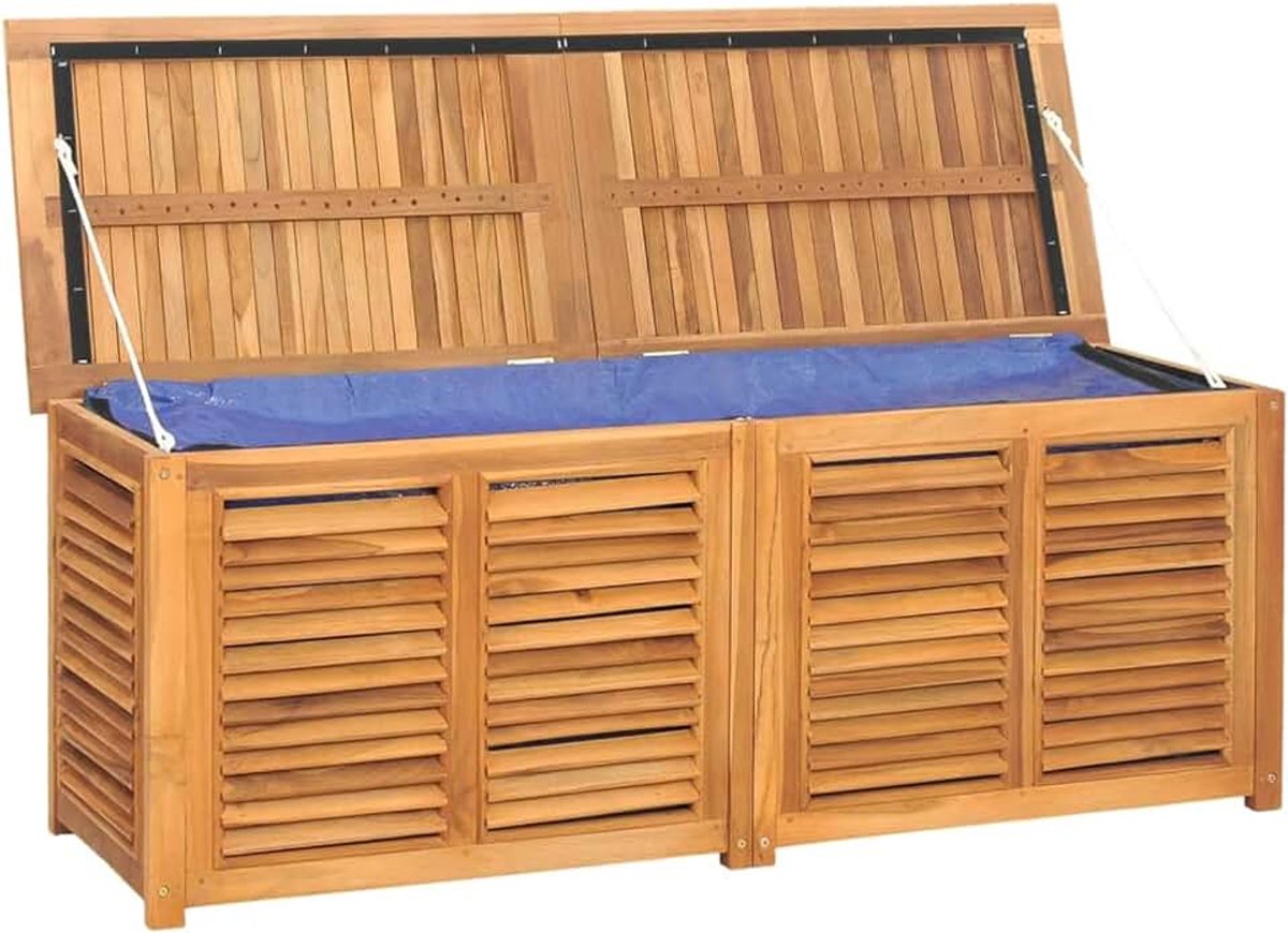 Opbergkist voor tuin en tas, opbergkist, buiten of binnen, gereedschapskist van hout, plafondkast, 150 x 50 x 53 cm, massief hout, teakhout