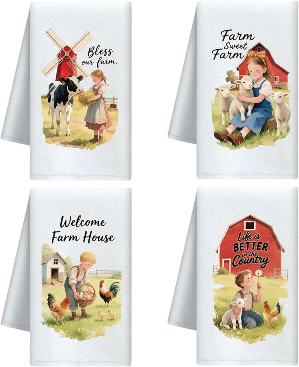 Set van 4 theedoeken microvezel met grappig motief zonnebloem en vlinder, zacht en absorberend, decoratieve keukendoeken, droogdoeken voor geschenken, thee, koffie, bar, thuis, housewarming