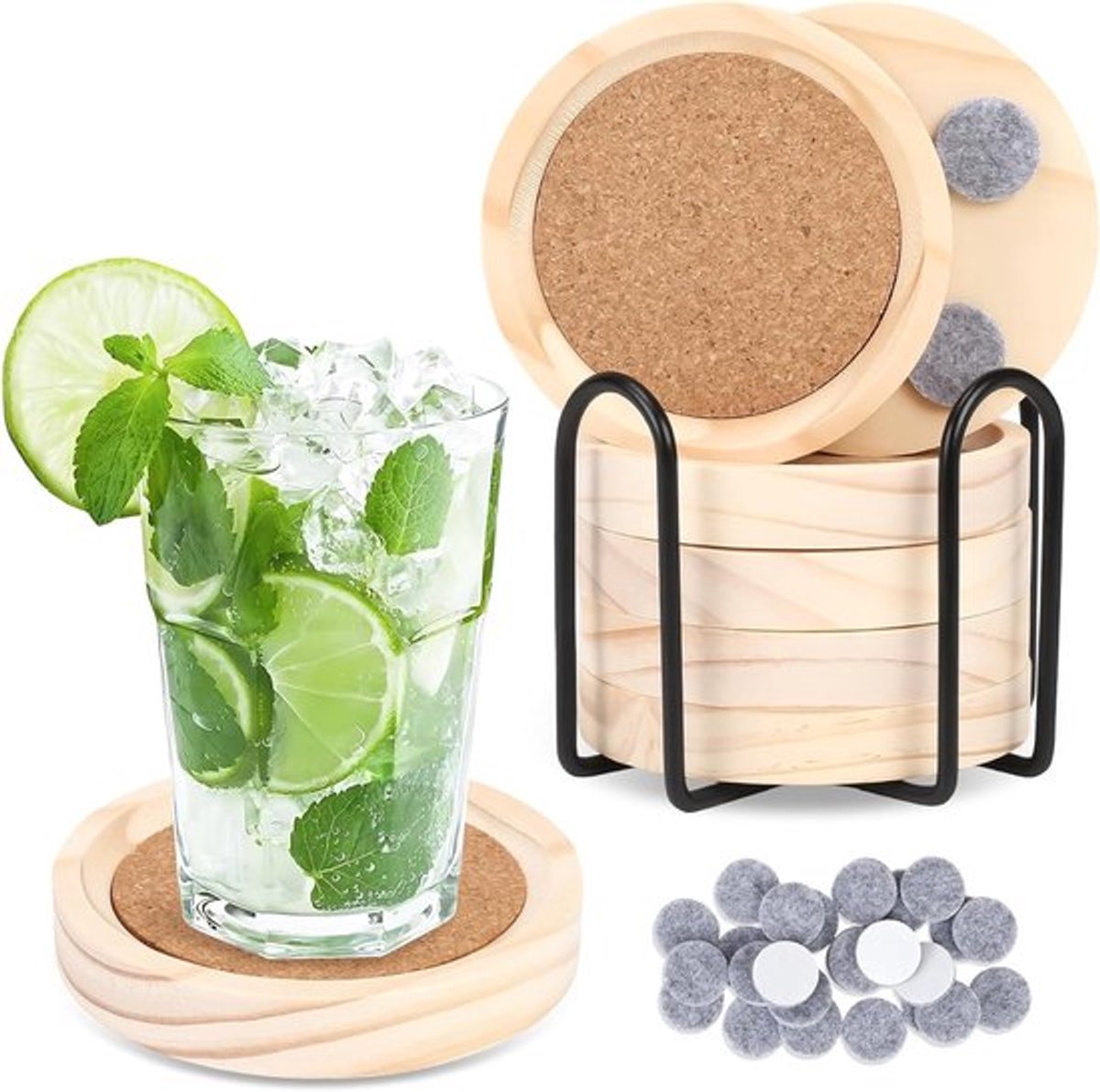 Ronde Houten Onderzetters voor Glazen met Kurk, Ideaal voor Dranken, Inclusief Houder en Deurmat