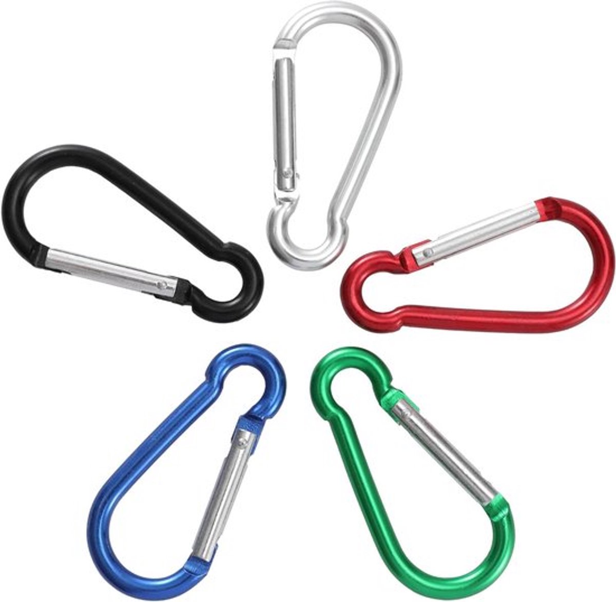 Karabijnhaak Clips Set voor Outdoor Activiteiten - Aluminium Sleutelhanger Clips voor Vissen, Kamperen en Wandelen - 5 Stuks - Haken voor Sleutelhanger, Rugzak, Touw - Duurzame Metalen Clips