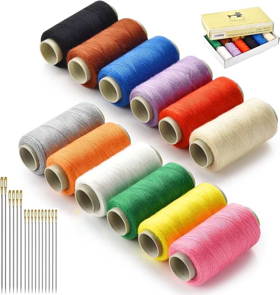 402 spoelen polyester naaigaren in 12 kleuren met naainaalden, rond garen voor haarverlengingen, 320 m per spoel garen voor hand- en machinaal naaien, de