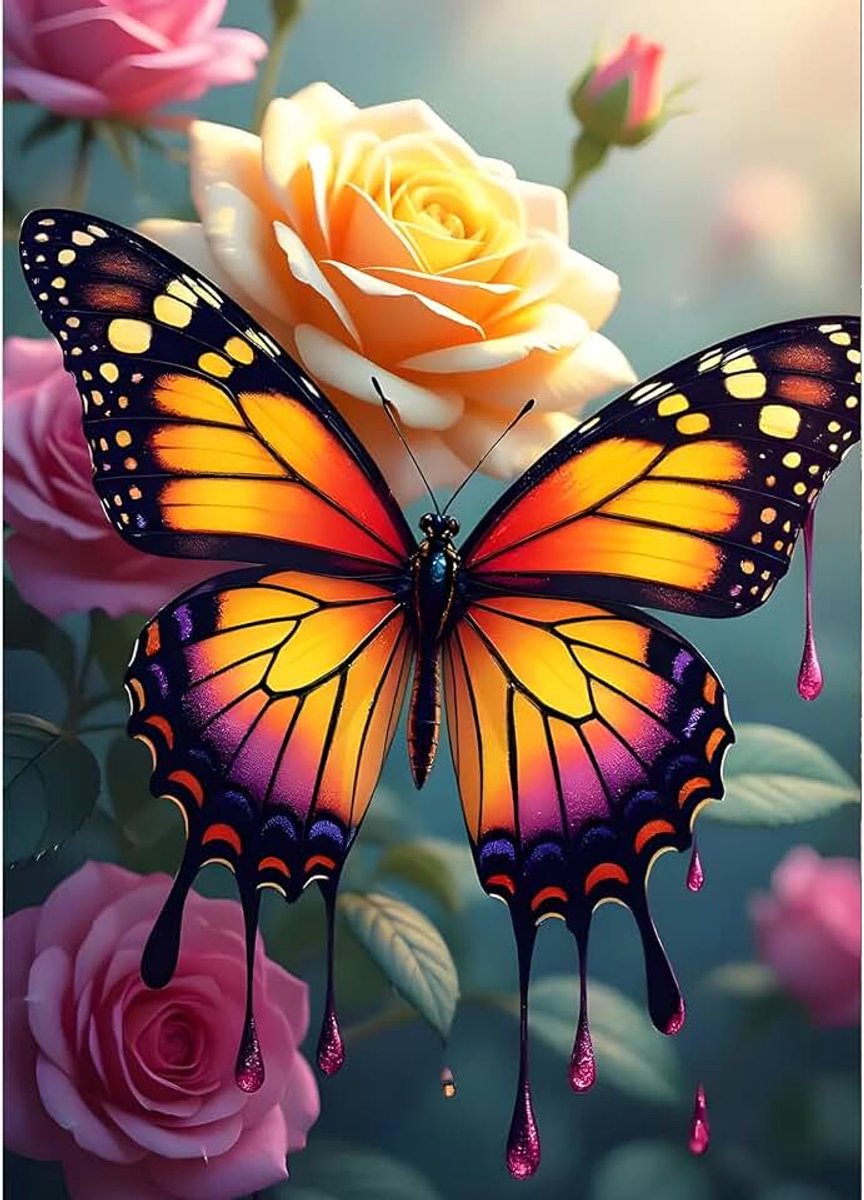 Doe-het-zelf rozenbloesem 5D Diamond Art Kits, ronde full drill Sparkling Butterfly Diamond Painting Picture, fantasie schilderij op nummer kunstkits voor volwassenen, beginners