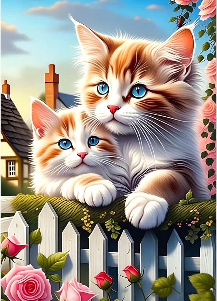 Doe-het-zelf Zwei Kittens 5D Diamond Art Kits, rond, volledige boor moederlijke liefde diamant schilderij foto, Guardian schilderen op nummer kunst kits voor volwassenen beginners thuis muur