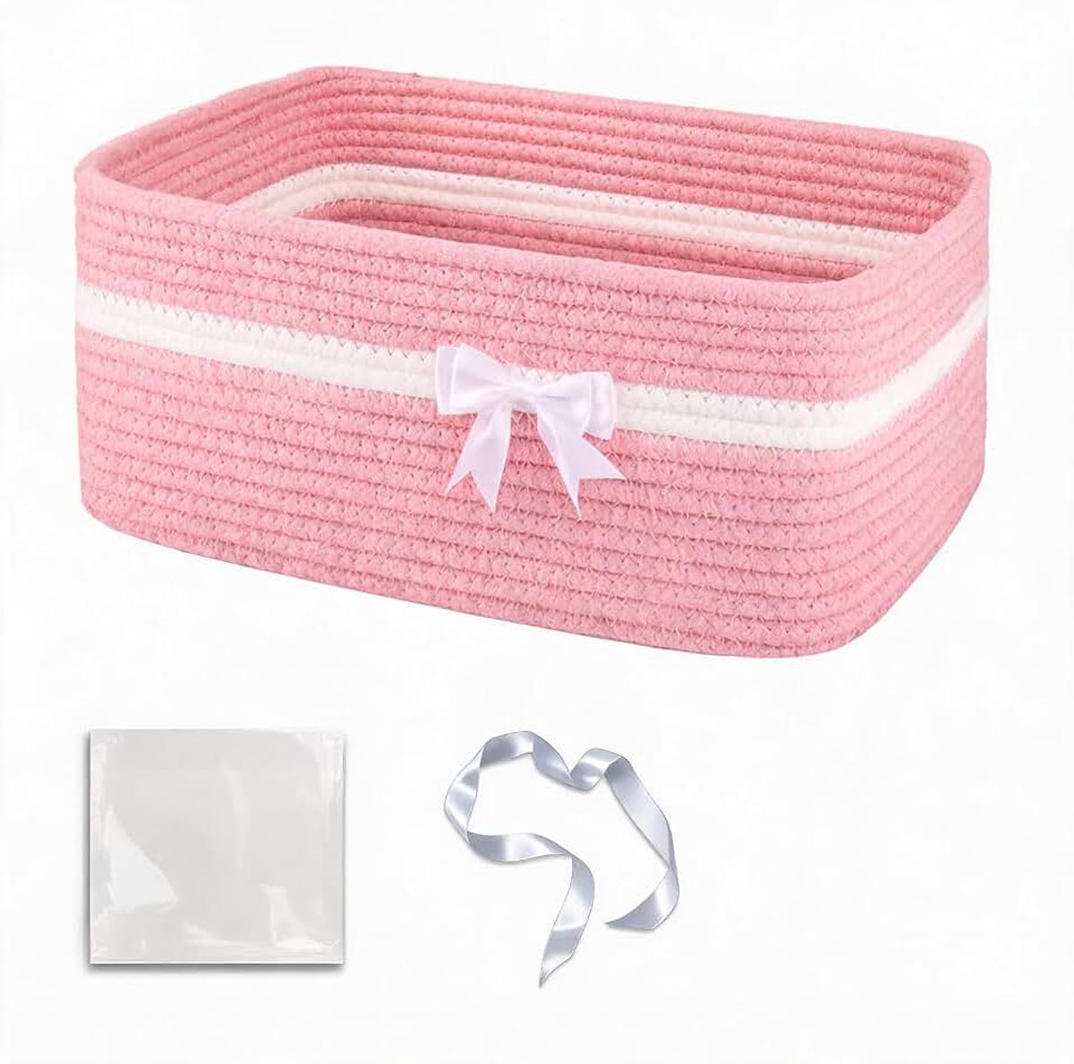 Gevlochten stoffen mand met handgrepen, geweven opbergmand, speelgoedmand, gevlochten mand, geschenkmand, leeg, opbergmand voor badkamer, woonkamer, decoratie, 34,5 x 25,5 x 15 cm (roze)