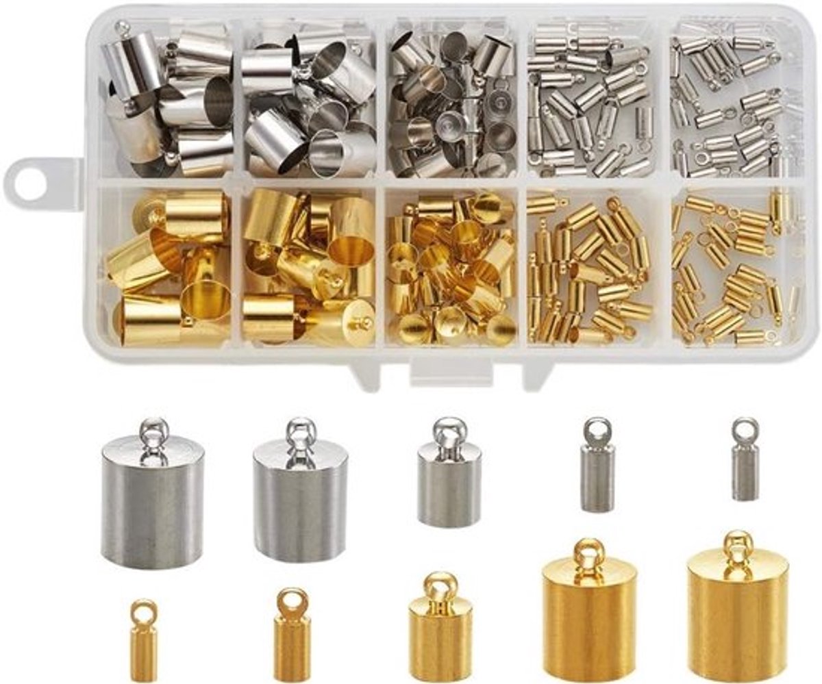 170 Stuks Messing Koord Eindkappen in 5 Maten - Barrel Lijm In Koord Eindstukken voor Kumihimo, Tassels en Leren Armbanden Maakprojecten