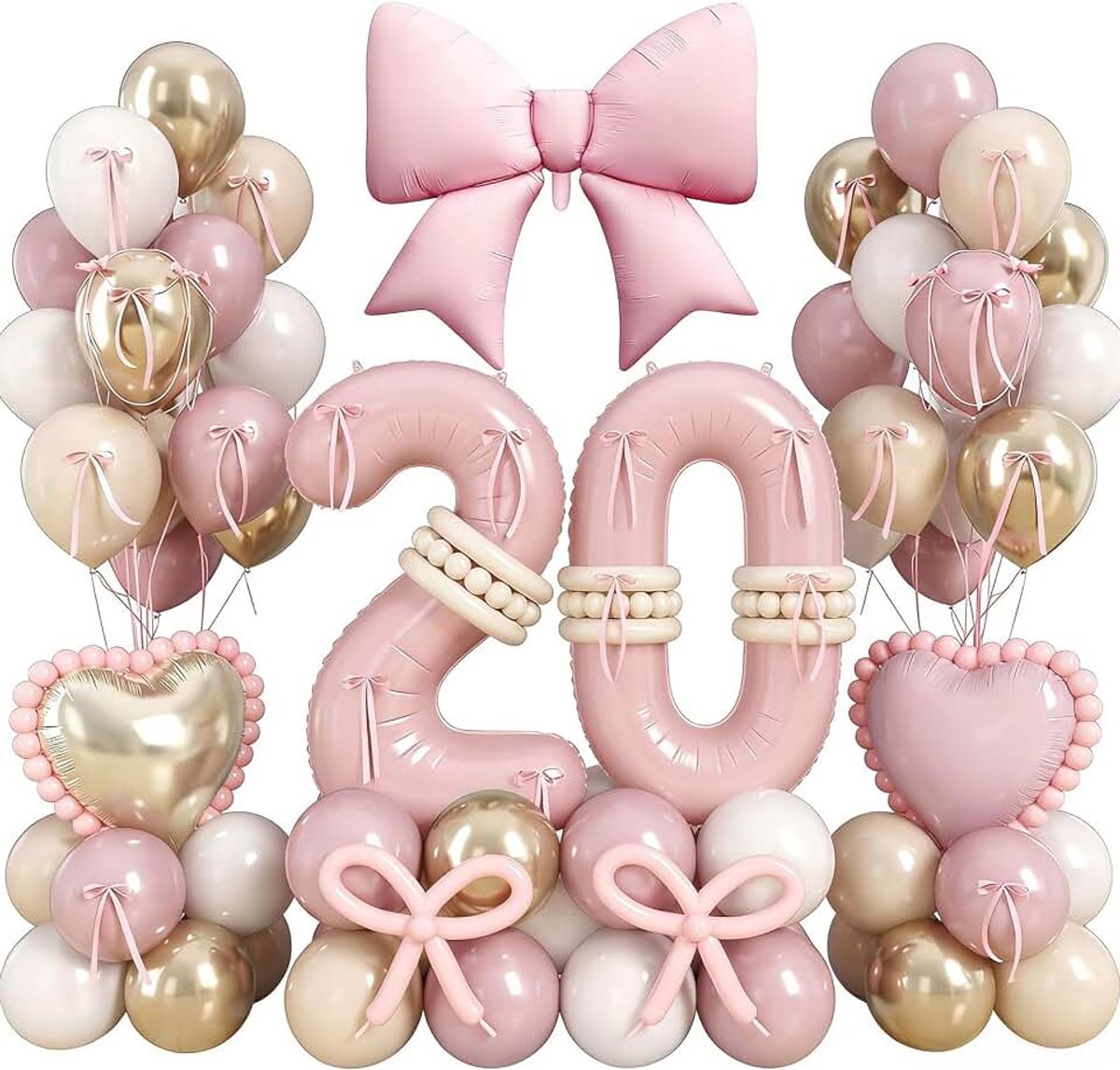 59-delig, dusty pink, witgoud, zand, ballon met hart en strik, decoratie voor verjaardag, meisjes, vrouw, jubileum