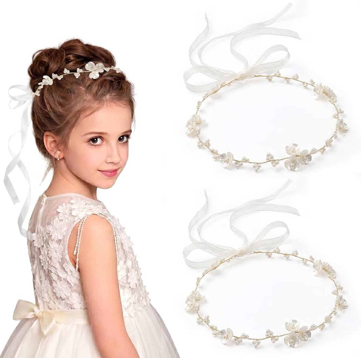 2 stuks haaraccessoires voor communie | Bloemenkrans haar met parels, prinsessenhaarband met lint voor bruiloft, verjaardag, feest