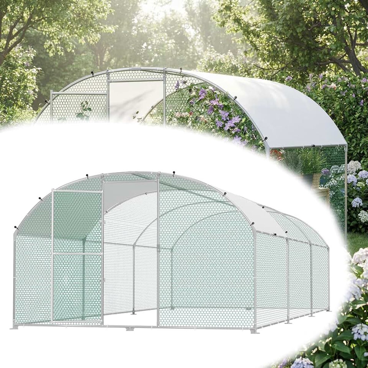 Boog dak 3 x 6 x 2 m, kippenhok van verzinkt staal met PE dakafdekking, verdikte pvc-connectoren en grendel voor huisdierkooi, kippenkooi, kleine dieren en planten