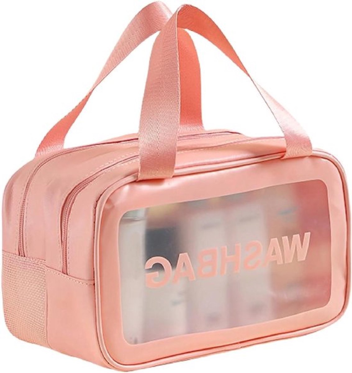 Transparante toilettas met droog/nat scheiding, PVC handvat, make-uptas voor dames en heren, Wit, M