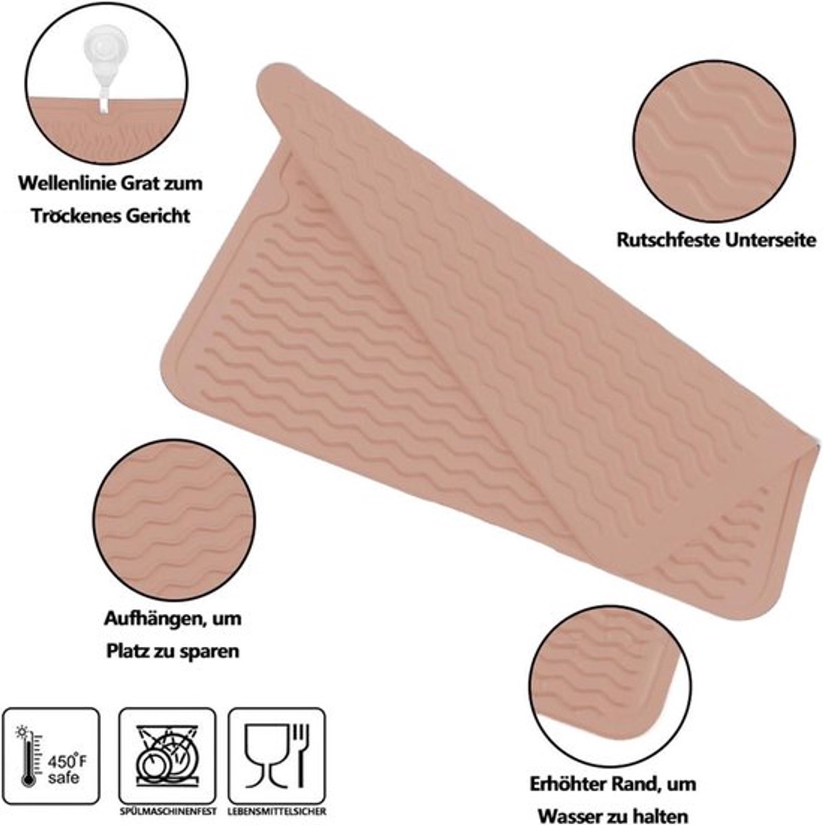 Afdruipmat van siliconen 40 x 30 cm - BPA-vrij - droogmat - hittebestendig - antislip - inclusief borstel - roze kleur