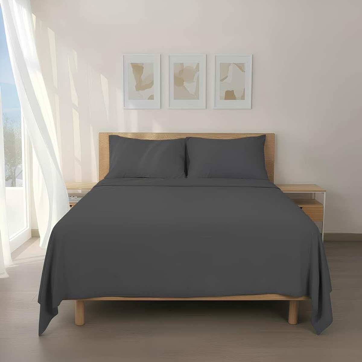 Beddengoedset van geborsteld microvezel, hoeslaken met een matrashoogte 30 cm, bedlaken en kussenslopen, voor bedden van 135 cm breed, 4-delig, 135 x 190/200 cm, donkergrijs