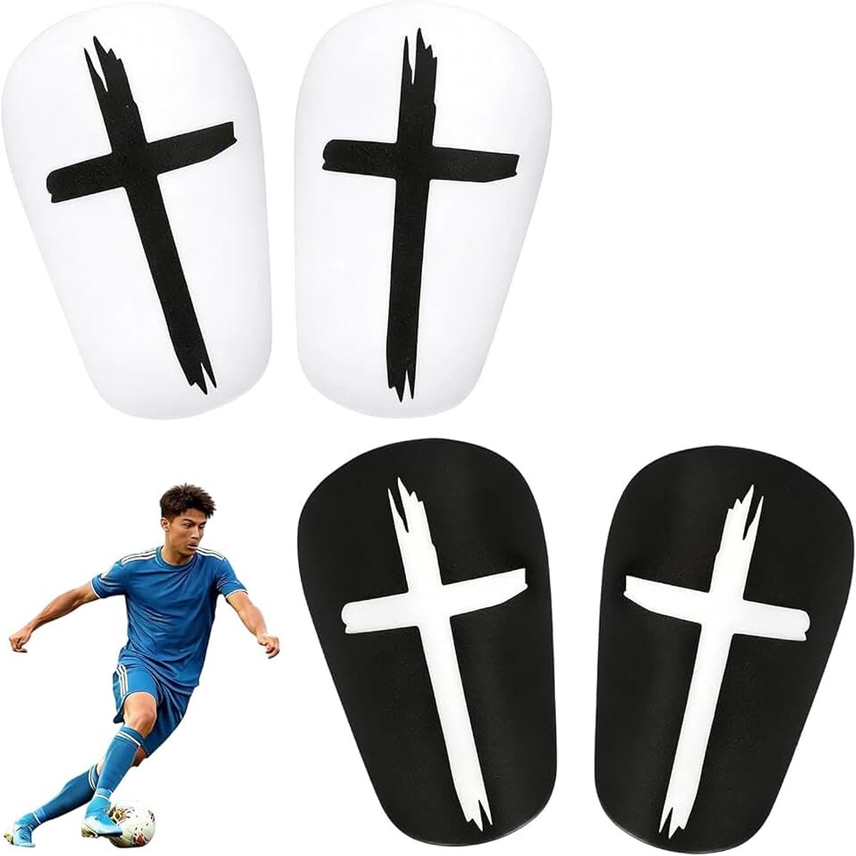 Scheenbeschermers voor voetbal, zwart-wit, mini-shin pads, kruispatroon, kinderscheenbeschermers, voetbal, 10 x 6 cm, voor voetbal, tennis, beenbescherming