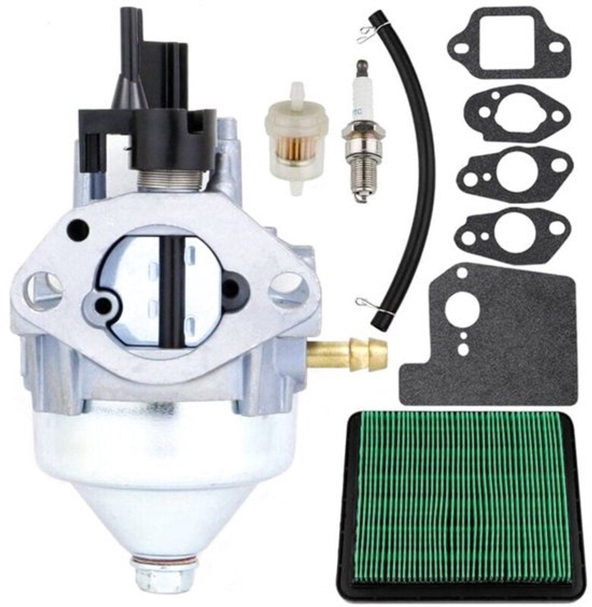 Carburateurrevisieset geschikt voor Honda GCV190-motor en HRB217 HRX217-grasmaaier, inclusief pakking, luchtfilter, bougies, brandstoffilter en accessoires.