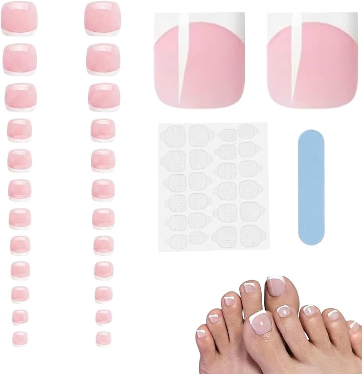 24 stuks teennagels om op te plakken, klassiek Frans, wit, press-on nails, kunstteennagels om op te plakken, met kleefpads en vijl, natuurlijke vierkante valse teennagels voor vrouwen