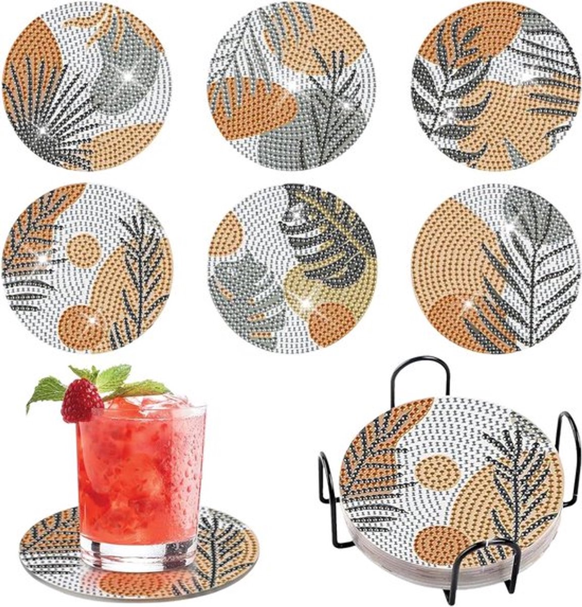 Onderzetters met Groene Bladeren - DIY Set met Houder - Decoratieve Acryl Kit voor Volwassenen