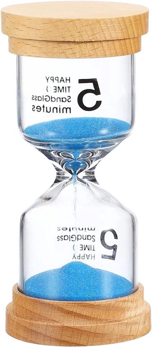 5-minuten zandtimer - houten zandloper met hoog glas voor woonkamer, keuken en thuisdecoratie - blauw gekleurde timer