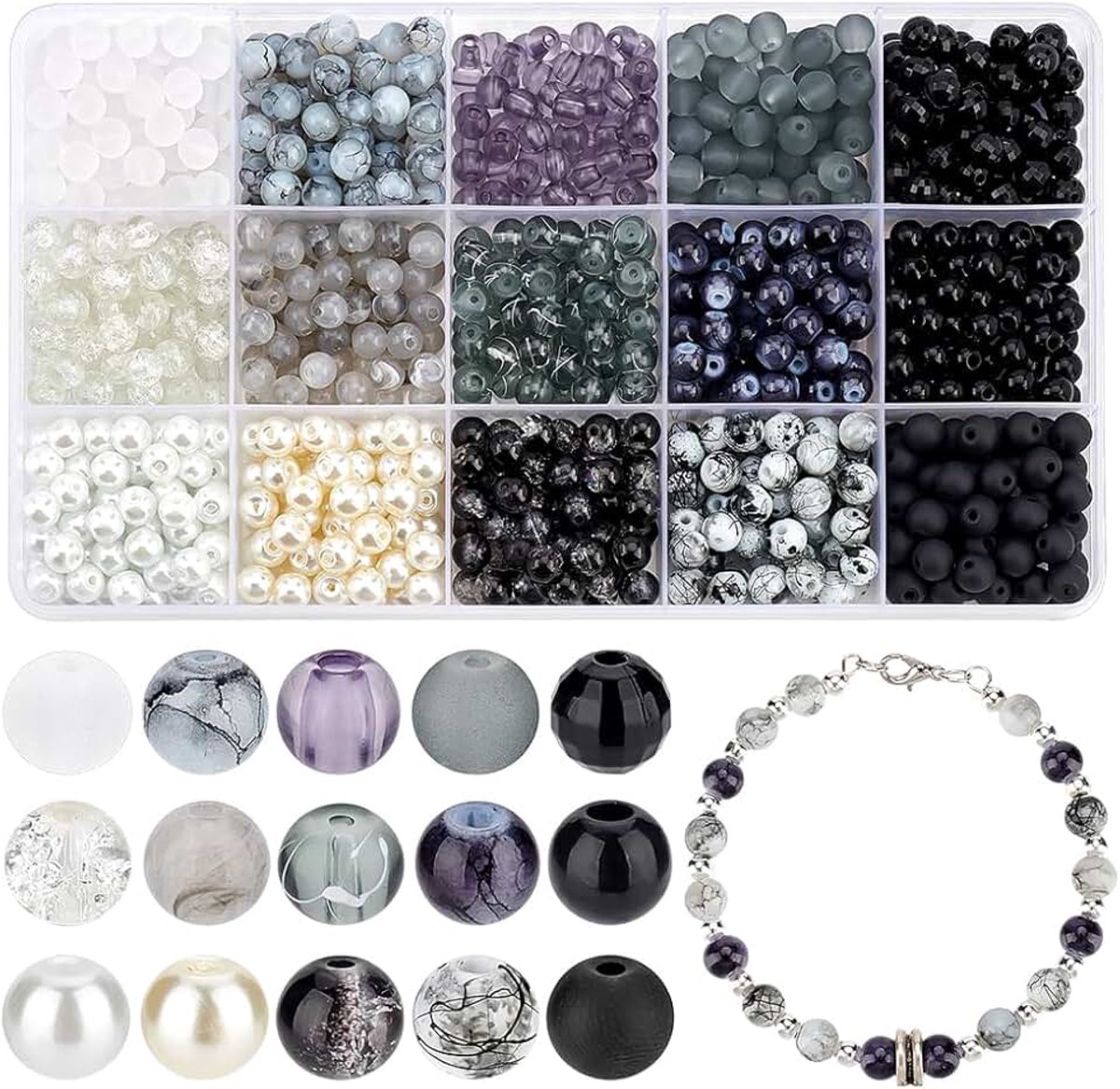 Kralen, 15 Kleuren Zwart Witte Kralen Ronde Losse Kraal Kristal Kraal voor Armband Oorbel Ketting Sieraden Maken Halloween Eid Mubarak Ramadan Decoratie