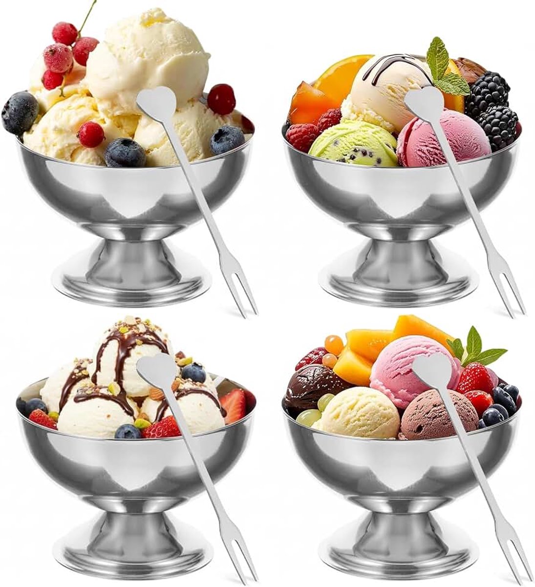 Dessertkom, 4 stuks, brede ijsbeker van voedselveilig roestvrij staal met vorken voor feestjes