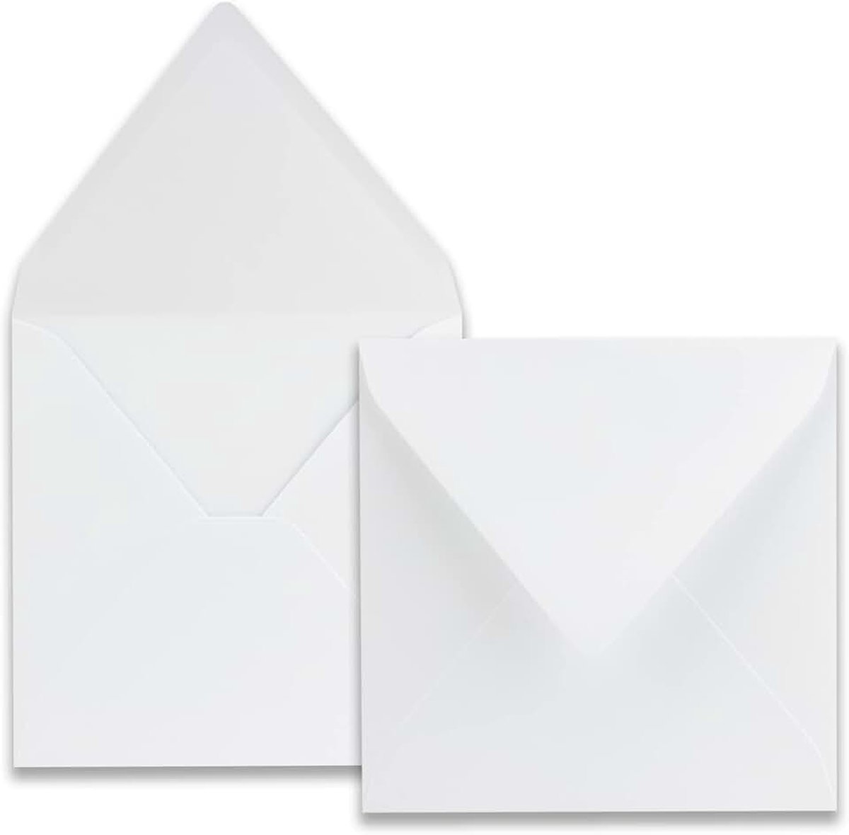 50 vierkante enveloppen - kleur: wit - formaat: 16,5 x 16,5 cm - gewicht: 120 gram per m² - nat lijmen met puntige klep