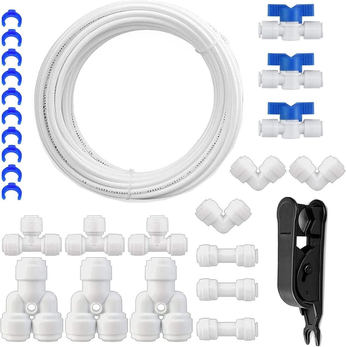 10 meter universele aansluitset, RO waterfilterfitting, voor 1/4 inch slang, koelkastslang, waterslang (Y + T + I + L type + afsluitventiel)