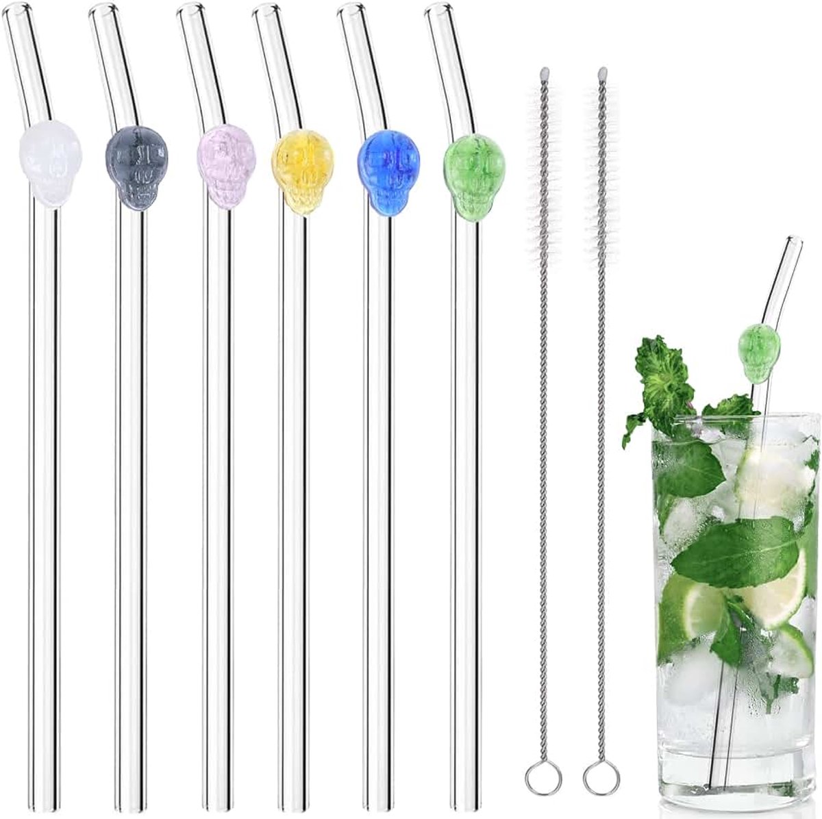 Herbruikbare glazen rietjes, schedel op doorzichtige rietjes met ontwerp, 8 mm breukbestendig, gebogen drinkrietjes met 2 reinigingsborstels voor smoothies, dranken, shakes, sappen