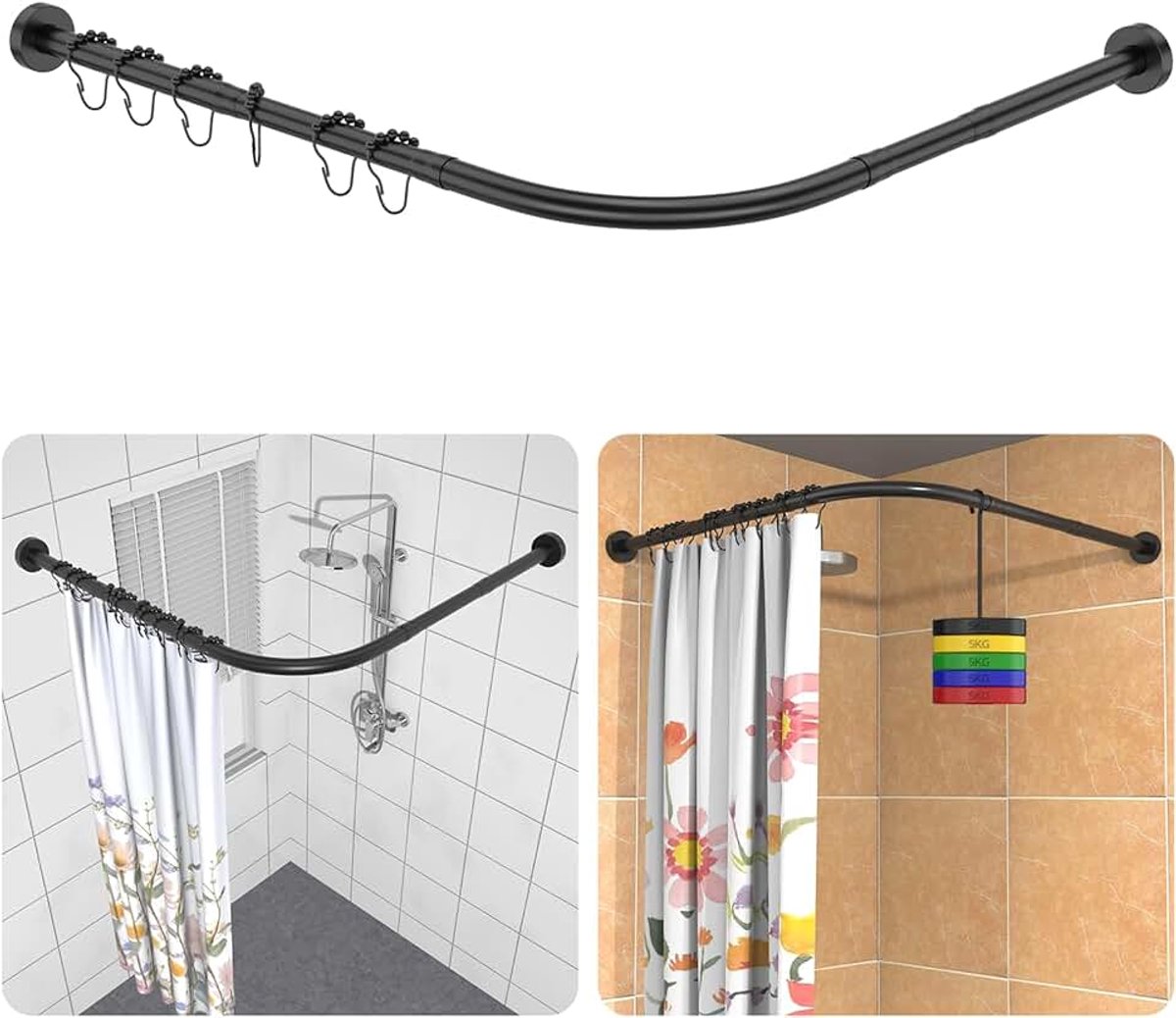 Stangen Zonder Boren, 304 Roestvrij Staal, L-Vorm, Telescoopstang, 75-105 x 115-175 cm, Incl. 18 Ringen, Zonder Plafondhouder, Hoekdouchegordijnstang Voor Badkuip en Douche - Matzwart